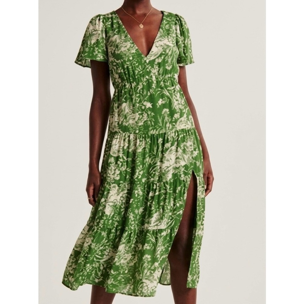 Abercrombie & Fitch Green Floral V-Neck Tiered Midi Dress Side Slit Small S